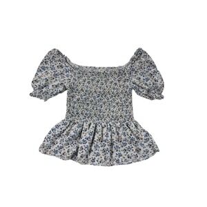 Max Studio Floral Smocked‎ Peplum Top Blue White Puff Sleeve Mens M